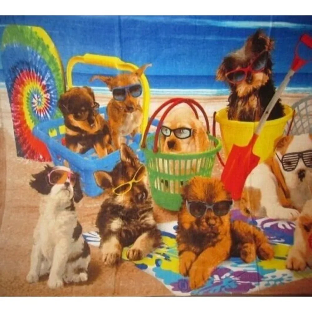 New Dogs On Beach in Shades Bath Pool Gift Towel Puppy Dog Puppies Ocean Waves